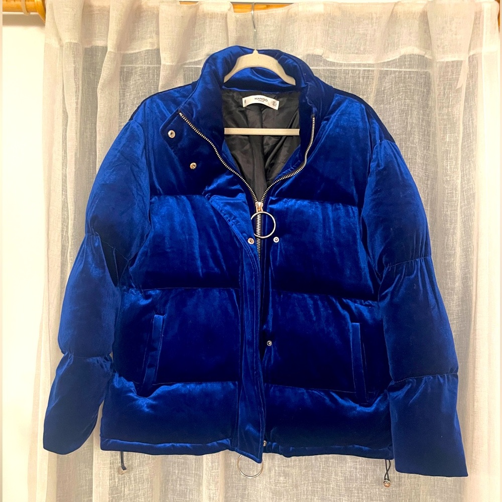 Mango Cool Girl Blue Velvet Puffer Coat Jacket